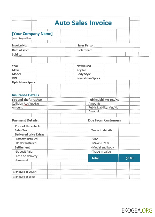 Modèle de facture de vente automobile
